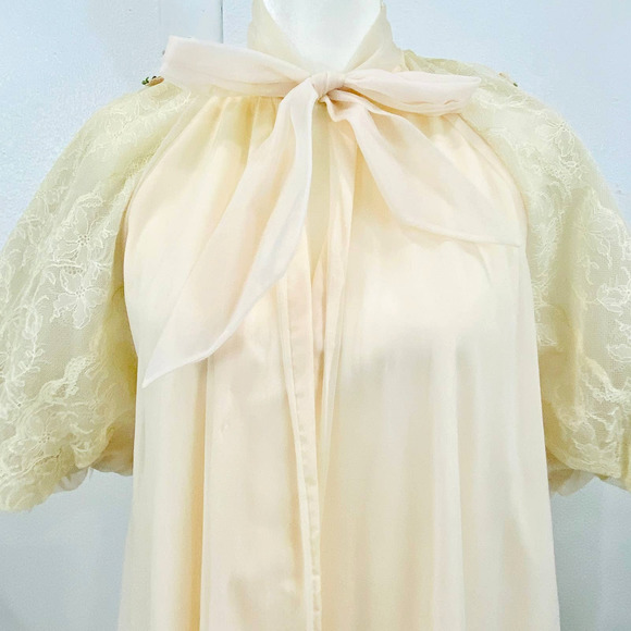 Vintage Twin Roses Chiffon Overlay Robe W/Lace Sleeves & Tiny Rosettes OS - Picture 5 of 11